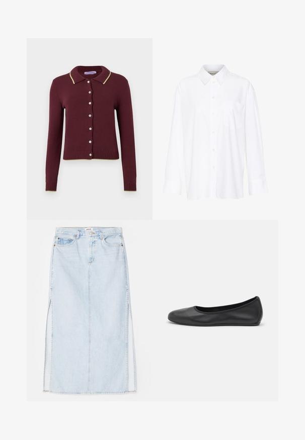 Burgundowy kardigan z kołnierzykiem, kremowym wykończeniem, ośmioma guzikami z przodu oraz ściągaczami na mankietach i u dołu. Miękka dzianina.; Biała, długosleeve'owa koszula z kołnierzykiem, wykonana z bawełny. Posiada zapięcie na guziki z przodu oraz jedną kieszeń na piersi. Gładka tekstura, luźny krój.; Jasnoniebieska dżinsowa spódnica maxi o prostym kroju, z bocznymi rozcięciami i pięcioma kieszeniami. Wyraźne przyszycia i metalowe zapięcie na guzik.; Czarne skórzane baletki z zaokrąglonym noskiem, gładką fakturą, minimalnymi przeszyciami i elastycznym designem podeszwy.