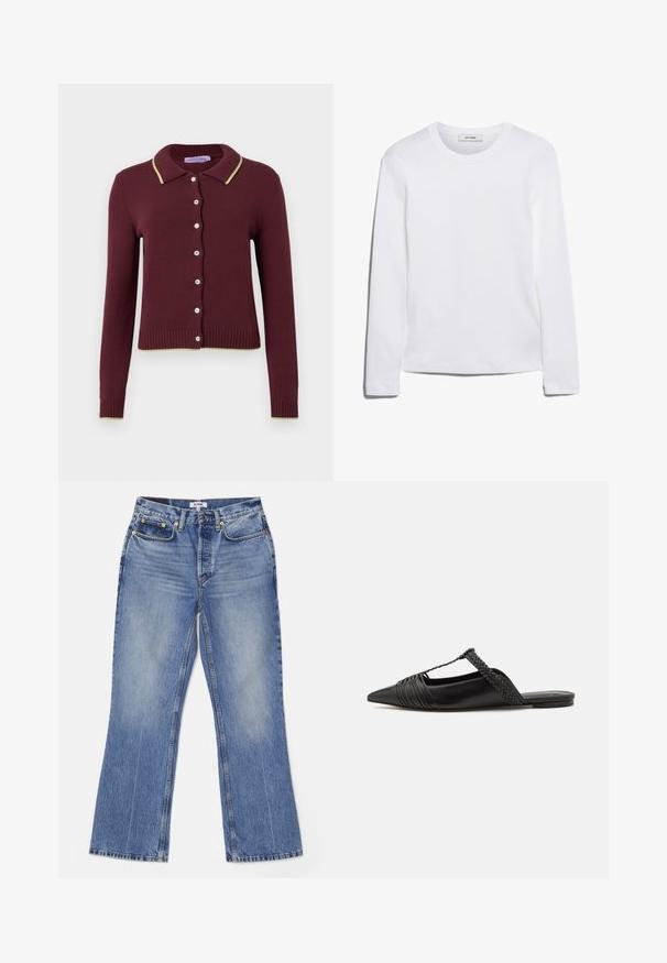Burgundijas kardigāns ar apkakli, krēmkrāsas apdari, astoņām pogām priekšpusē un ribotām piedurknēm un apakšmalu. Mīksta adījuma tekstūra.; Bieza piedurkņu balta T-krekls, izgatavots no ribota kokvilnas, ar apaļu kakla izgriezumu un taisnu apakšmalu. Vienkāršs dizains bez rakstiem vai akcentiem.; RE/DONE LOOSE - Bootcut piegriezuma džinsi - hacienda; Melnas ādas slingback kurpes ar norādītu purngali, kurām ir austoša akcenta un krokota augšdaļa. Plakana zole ar minimālu aparatūru.