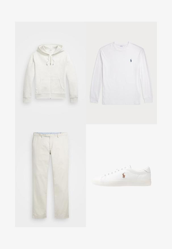 Fato de treino cinza claro com fecho éclair, feito de tecido suave, com um bolso frontal, capuz ajustável por cordão e punhos canelados. Apresenta um pequeno logótipos no peito.; Camisola de manga longa branca feita de algodão. Apresenta um decote redondo, punhos canelados e um pequeno logótipo de polo azul-marinho no lado esquerdo do peito.; Chinos de algodão bege com frente plana, passantes para cinto e bolsos laterais. Design de perna reta com uma textura suave e uma sensação leve e respirável.; Sapatilhas de couro brancas, design de cano baixo, com textura suave, biqueira redonda, atacadores à frente e um pequeno logótipo bordado na lateral.