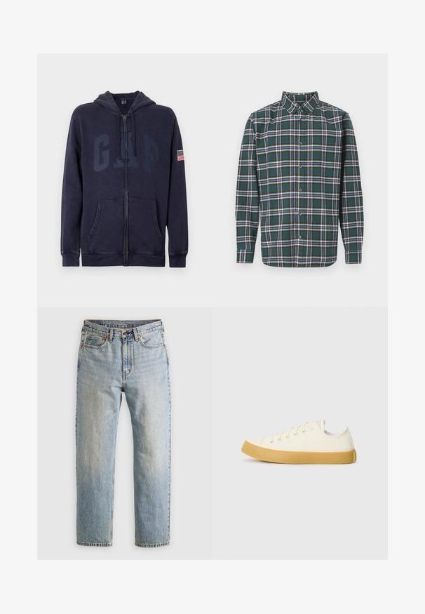 Navy zip-up hoodie made of soft cotton blend. Features front pockets, drawstring hood, and large GAP logo with American flag patch on sleeve.; Green flannel shirt with a plaid pattern featuring blue, white, and mustard yellow lines. Buttoned front and pointed collar. Long sleeves.; Light blue denim jeans with high waist, front button, zipper, and five-pocket design, laid flat on a neutral background.; Canvas sneakers in off-white with a round toe, featuring beige rubber soles and five eyelets for laces, textured finish on the upper.