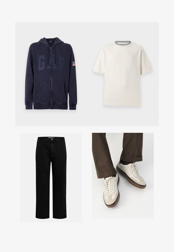 Felpa con cappuccio blu navy con zip, realizzata in morbido misto cotone. Presenta tasche anteriori, cappuccio con coulisse e grande logo GAP con patch della bandiera americana sulla manica.; T-shirt in cotone color crema con maniche corte, caratterizzato da un collo rotondo decorato da righe blu navy e bianche. Tessuto liscio, vestibilità comoda.; Pantaloni in denim nero con taglio dritto, design classico a cinque tasche e chiusura con bottone in vita. Tessuto liscio e materiale resistente.; Sneakers beige con una parte anteriore in suede testurizzato, lati in pelle liscia e una suola in gomma marrone. Inclusi lacci e dettagli di cucitura leggera.
