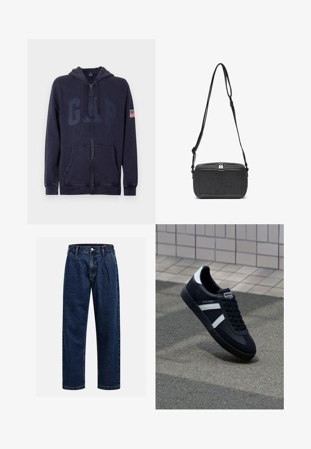 Marineblå genser med glidelås laget av myk bomullsblanding. Har frontlommer, hette med snor og stor GAP-logo med amerikansk flaggpatch på ermet.; Kremfarget bomulls T-skjorte med korte ermer og rund hals. Har et grafisk trykk i blått og rødt med tekst og et motiv.; Mørkeblå denimjeans med rett ben-design. Har synlige sømmer, knappestengning og frontfolder for ekstra detaljer.; Sorte lærersneaker med hvite striper, teksturert gummihæl og snøring foran. Har et merketikett på tungen.; Svart skinn crossover-veske med glidelås, preget logo på fronten og justerbar stropp. Glatt tekstur med rektangulær form.