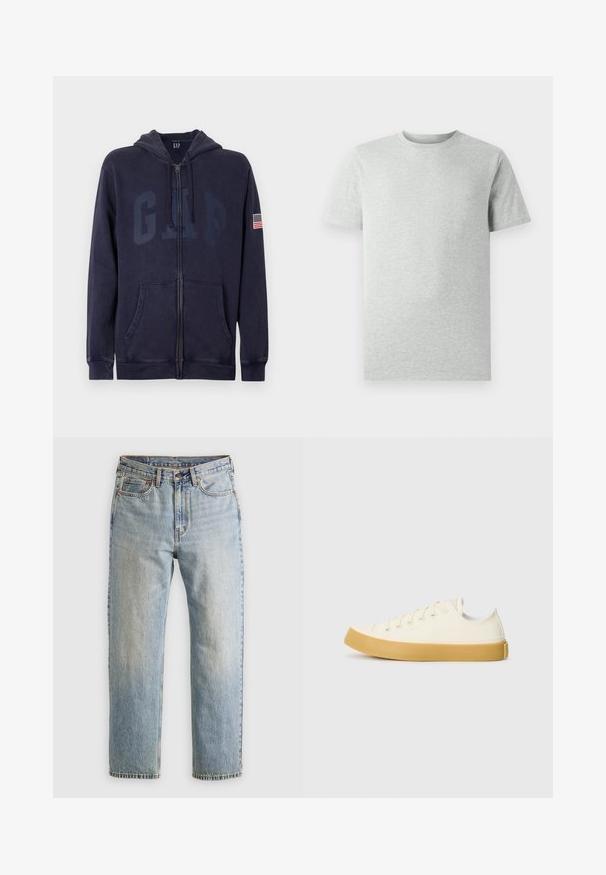 Mornarska dukserica na patentni zatvarač od mekanog mješavnog pamuka. Ima prednje džepove, kapuljaču s vezicama i veliki GAP logotip s američkom zastavom kao zakrpu na rukavu.; Jednobojna svijetlosiva majica kratkih rukava s okruglim izrezom prikazana na bijeloj pozadini, s prednje strane bez vidljivih logotipa ili dizajna.; Svijetloplave traperice visoki struk, prednji gumb, zatvarač i dizajn s pet džepova, položene ravno na neutralnoj pozadini.; Platnene tenisice u boji slonovače s okruglim vrhom, s bež gumenim potplatima i pet rupa za vezivanje, teksturalna površina na gornjem dijelu.