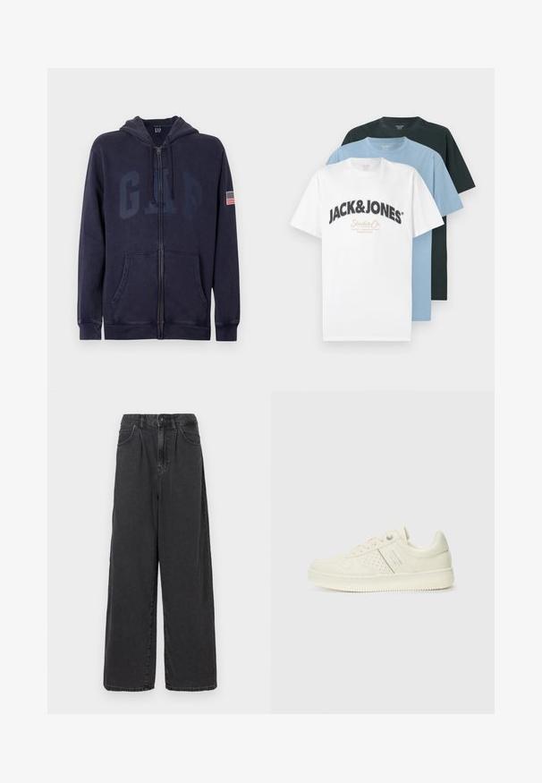 Navy zip-up hoodie made of soft cotton blend. Features front pockets, drawstring hood, and large GAP logo with American flag patch on sleeve.; Three folded short-sleeve crew neck t-shirts in white with Jack & Jones logo, light blue, and black, stacked against a white background.; Wide-leg, high-waisted black denim pants with a front button and zipper closure, featuring side pockets and a smooth texture.; Cream-colored sneaker with perforated detailing, laces, and logo on the side, displayed against a plain white background.