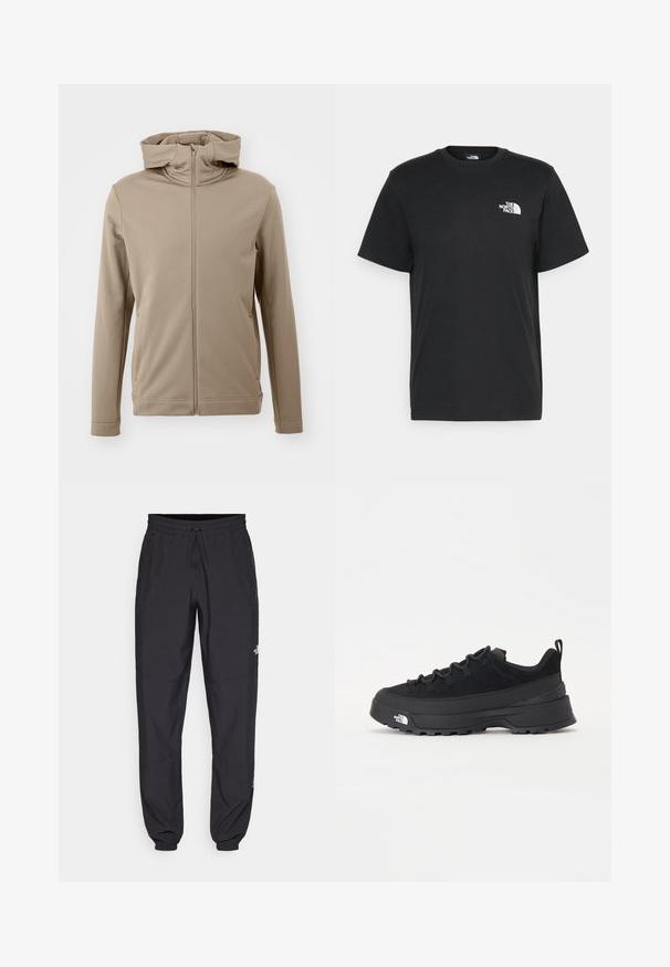 Hooded beige jacket made of smooth fabric, featuring a full front zipper and stitching details along the seams and cuffs.; Black cotton t-shirt with short sleeves, crew neck, and a small white logo on the left chest. Simple design, smooth texture, and relaxed fit.; Black athletic pants made from lightweight fabric, featuring a drawstring waistband, side pockets, and tapered cuffs at the ankles.; Black outdoor sneaker with a suede upper, textured rubber sole, and sturdy lacing system. Features a reinforced heel and brand logo on the side.