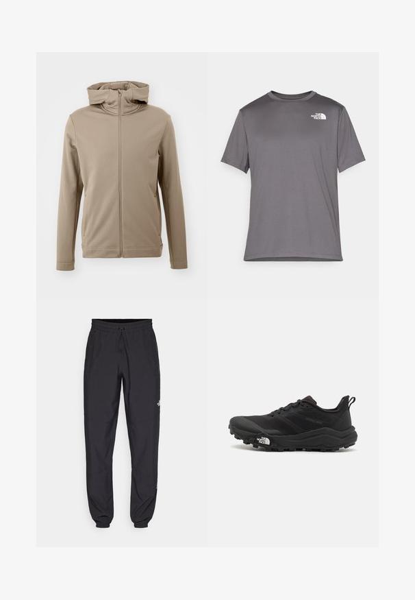 Giacca beige con cappuccio realizzata in tessuto liscio, dotata di zip frontale completa e dettagli di cucitura lungo le cuciture e i polsini.; Maglietta atletica grigia a maniche corte realizzata in tessuto leggero e morbido. Presenta un logo bianco sulla parte sinistra del petto. Design con collo rotondo.; Pantaloni sportivi neri realizzati in tessuto leggero, con vita regolabile con cordino, tasche laterali e orli affusolati alle caviglie.; Scarpa da trail running nera con tomaia texture, suola in gomma e punta rinforzata. Presenta un collare imbottito e un tassello per un indossamento facile.