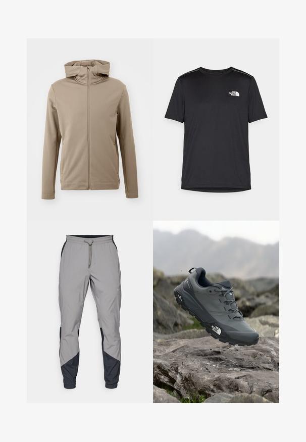 Hettejakke i beige laget av glatt stoff, med full frontglidelås og sømdetaljer langs sømmene og ermene.; Svart kortermet T-skjorte laget av lett materiale. Har en liten hvit logo på venstre bryst og subtile skulderdetaljer.; Lettvektige, grå treningsbukser med svarte detaljer. Elastisk midjebånd, snøring, tapered benedesign og sidelommer.; Grå terrengløpesko med en teksturert overdel, slitesterk gummisåle og forsterket tåhette. Inkluderer snørebånd og merkevarelogo på siden.