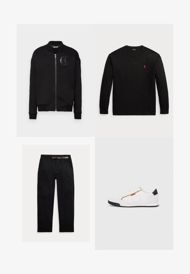 Just Cavalli FLEECE KNIT - Bomberjacka - black; Svart långärmad t-shirt i bomull. Har en crew-neck, ribbade ärmslut och en liten röd broderad logotyp på bröstet. Slät yta.; Svarta byxor tillverkade av lättviktigt tyg, med en elastisk midja och ett integrerat grönt bälte, rakt ben och sidofickor.; Vita sportskor i vitt med inslag av nät och läder. Har en gyllene "BOSS"-logotyp, texturerade sidopaneler och en svart hälkap. Gummisula.