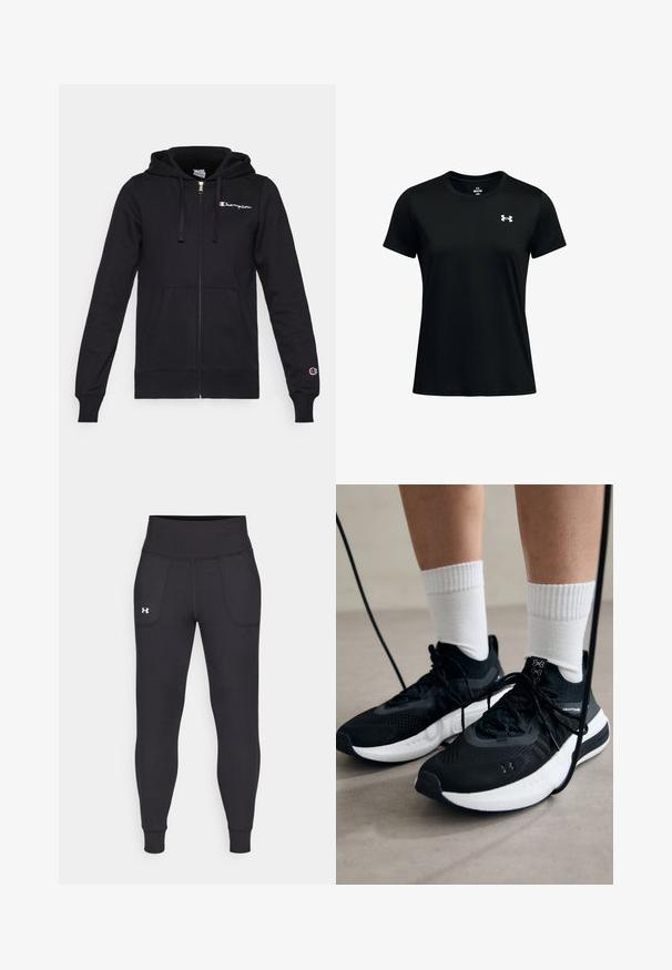 Μαύρο φούτερ με φερμουάρ και κουκούλα με κορδόνι, μπροστινές τσέπες και λογότυπο στο αριστερό στήθος. Μαλακό ύφασμα, ριμπ μανσέτες και στρίφωμα.; Μαύρο κοντομάνικο μπλουζάκι από λεία, ελαφριά ύφανση. Διαθέτει στρογγυλή λαιμόκοψη και μικρό λευκό λογότυπο στο αριστερό στήθος.; Μαύρα αθλητικά κολάν κατασκευασμένα από ελαστικό υλικό, με ψηλή μέση, πλαϊνές τσέπες και στενές μανσέτες στον αστράγαλο.; Μαύρα αθλητικά παπούτσια με υφασμάτινη υφή, λευκή σόλα και μαύρα κορδόνια. Φορεμένα με λευκές ριγέ κάλτσες, στέκονται σε ελαφριά επιφάνεια.
