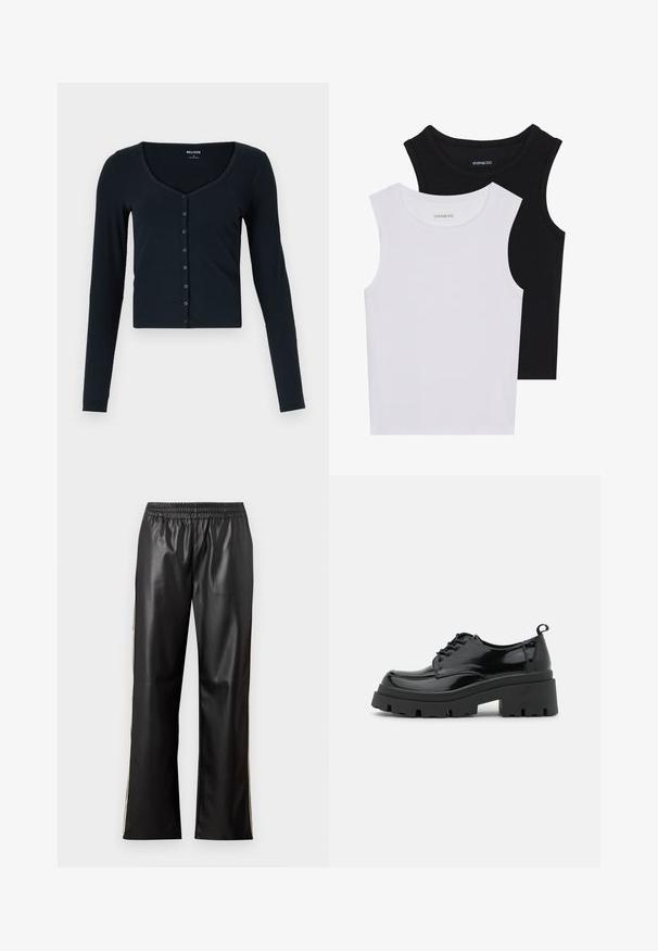 Fekete, hosszú ujjú, rövid szabású felső bordázott anyagból. Mély kerek kivágása és gombsora van az elején.; Két ujjatlan felső fekete és fehér színben, bordás pamutból készült, kerek nyakkivágással és testhez simuló fazonnal. Mindkettőn látható címke.; Fekete műbőr nadrág elasztikus derékkal, egyenes szárú dizájnnal és kontrasztos oldalsávokkal. Sima textúra és minimalista stílus.; Fekete lakkbőr cipők vastag talppal és széles fűzővel. Kerek orr, minimális díszítés és egy kis sarkantyú a hátsó részén.