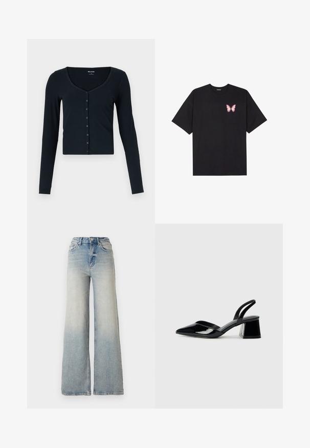 Top corto de manga larga negro hecho de tela acanalada. Presenta un escote profundo y una fila de botones en la parte frontal.; Camiseta de algodón negra de manga corta, con un pequeño gráfico de mariposa rosa en el lado izquierdo del pecho. Diseño de cuello redondo con un corte relajado.; Jeans de mezclilla de tiro alto y pierna ancha en color azul claro, con cinco bolsillos y costuras visibles a lo largo de las costuras.; Zapatos de tacón slingback de charol negro con punta afilada y tacón geométrico en bloque. Presentan un diseño elegante y minimalista, así como una textura suave.