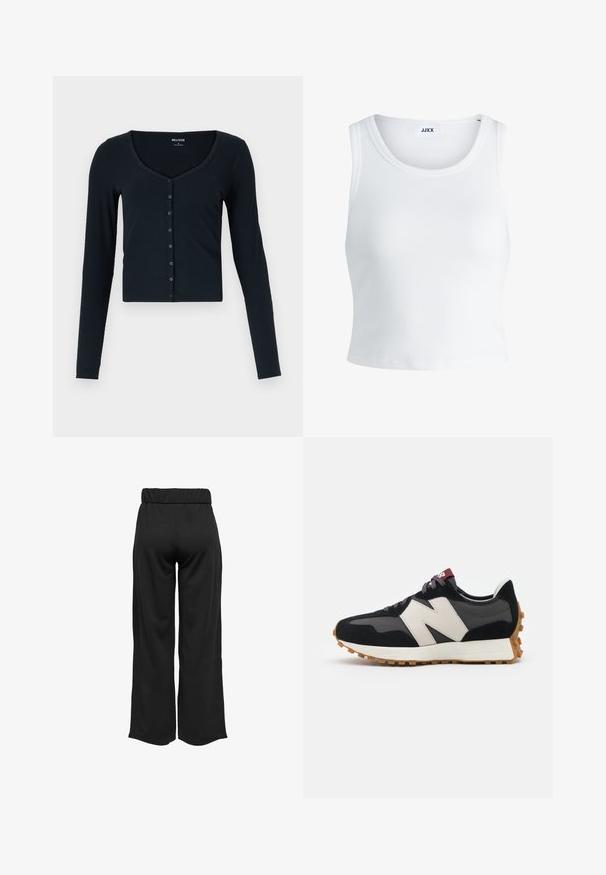 Svart langermet cropped topp laget av ribbemateriale. Har en dyp utringning og en rad med knapper nedover foran.; Hvit ribbestrikket tank topp med rund hals, uten ermer og croppe lengde. Merket leser "JJXX." Glatt stoff tekstur.; Svarte, vide bukser med elastisk midje, laget av glatt stoff. Har et rent design uten lommer eller synlige sømmer.; Sorte og grå sued sneakers med et stort cremefarvet "N" logo, lilla snørebånd og en tekstureret gummisål.