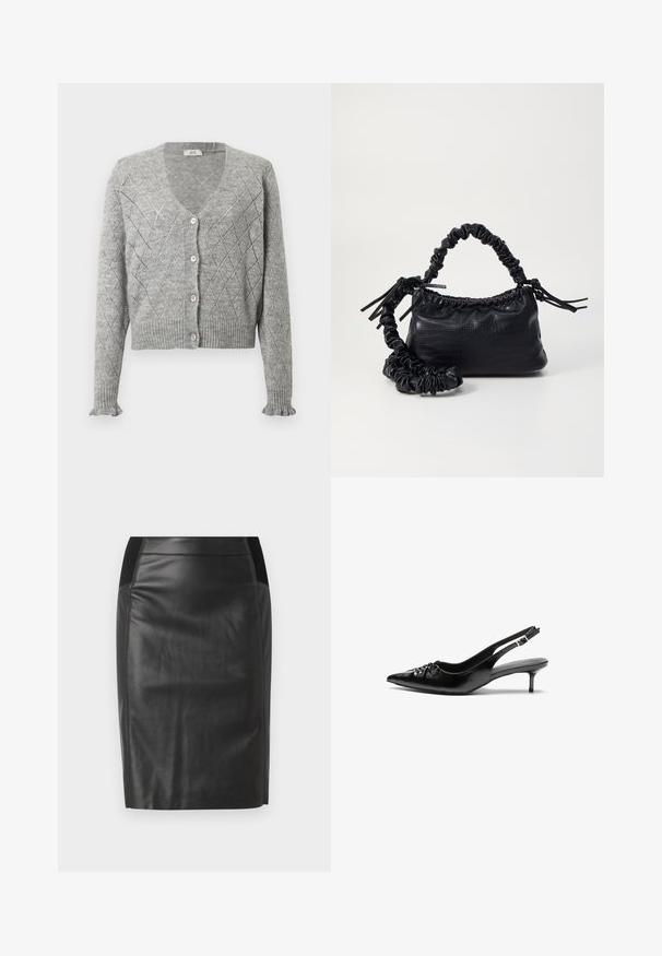 Pilkas megztas kardiganas su deimanto raštu, turintis V formos iškirptę, penkis rožinius mygtukus ir raukinėtas rankoves bei apatinę dalį. Su trumpesne apatine dalimi.; Juodas viršus be petnešų, pagamintas iš minkšto, elastingo audinio, su raukšlėtomis detalėmis ir plačios petnešos dizainu vienoje pusėje.; Juodas odinis pieštuko sijonas su prigludusia forma, lygiu paviršiumi ir elastinėmis juostelėmis iš abiejų pusių. Lygus apatinis kraštas.; Juodi odiniai aukštakulniai su dirželiais, smailia nosimi, žemu katinėlio kulniuku ir susitraukiančia detale ant bato viršaus. Lygi tekstūra ir minimalistinis dizainas.; Juodas dirbtinės odos rankinė su krokodilo tekstūra, sušnibždinta viršuje ir susikraipytu dirželiu. Atrodo minkšta ir kompaktiška.