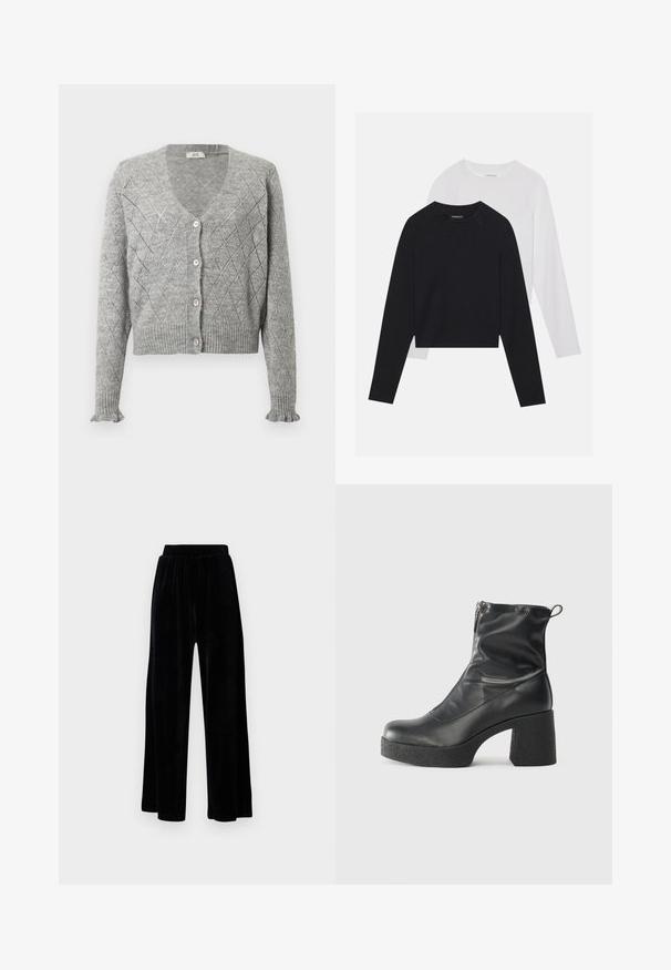 Pilkas megztas kardiganas su deimanto raštu, turintis V formos iškirptę, penkis rožinius mygtukus ir raukinėtas rankoves bei apatinę dalį. Su trumpesne apatine dalimi.; Du dušo ilgomis rankovėmis marškiniai: vieni juodi, kiti balti. Abu marškiniai turi apvalų iškirpimą, raglan tipo rankoves ir minkštą medvilnės mišinio audinį.; Juoda plataus kirpimo kelnių pora, pagaminta iš minkštos velveto medžiagos, su elastingu juosmeniu ir glotnia tekstūra, be matomų detalių ar raštų.; Juodos kulkšninių botai, pagaminti iš lygaus odos, su šoniniu užtrauktuku, masyviu tekstūruotu kulnu ir apvaliu pirštu.