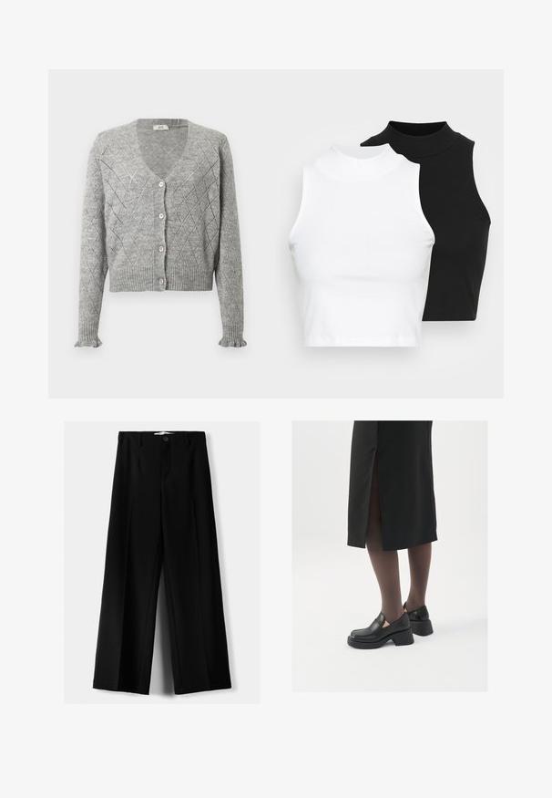 Sivý pletený cardigan s diamantovým vzorom, so špicatým výstrihom, piatimi ružovými gombíkmi a rebrovanými manžetami a spodným lemom. Krátka dĺžka.; Dve bezrukávové rebrované roláky v čiernej a bielej farbe, pričom majú priliehavý strih a hladkú textúru, s krátkou dĺžkou.; Čierne široké nohavice z ľahkého materiálu, s predným zapínaním na gombík a plochým predným dielom, s pekne ušitými lemami.; Čierne kožené topánky s okrúhlou špičkou, silným blokovým opätkom a elastickými bočnými akcentmi, skombinované s tmavými pančuchami a čiernou sukňou so štiepením.