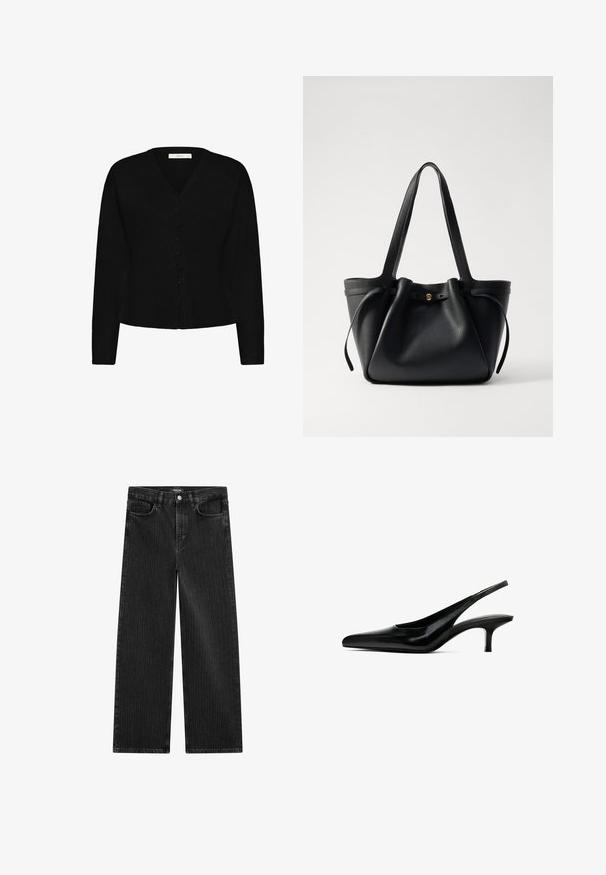 Černý v béžového výstřihu vyrobený z měkké pleteniny. Má dlouhé rukávy a zapínání na šest knoflíků.; Černé krátké tričko s krátkým rukávem a kulatým výstřihem, jednoduchý design, položeno na bílém pozadí.; Široké černé džínové kalhoty s jemným vertikálním pruhovaným vzorem, s pěti kapsami a klasickým zapínáním na knoflík v pase.; Černý špičatý slingback s lesklou koženou povrchovou úpravou a tenkým, nízkým podpatkem. Obsahuje výřez na boku pro prodyšnost.; Černá kožená taška přes rameno s dvěma dlouhými popruhy, staženým vrškem a zlatým kruhovým akcentem. Hladký povrch s minimalistickým designem.