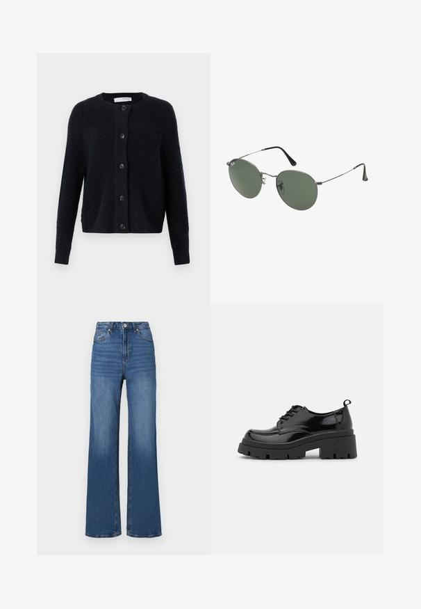 Σκούρο ναυτικό cardigan από υφασμάτινο πλέξιμο με υφή, που διαθέτει στρογγυλή λαιμόκοψη, μακριά μανίκια και έξι ταιριαστούς κουμπιά μπροστά.; Τζιν πουκάμισο σε σκούρο μπλε, με γιακά, μακριά μανίκια, διπλές τσέπες στο στήθος και λεπτομέρειες από αντίθετο ράψιμο.; Υψηλής μέσης, φαρδιά τζιν παντελόνια μπλε χρώματος από ντένιμ, με κλασικό σχέδιο πέντε τσέπες και διακριτική φθορά κατά μήκος των ποδιών.; Μαύρα παπούτσια από πατέντα δέρμα με χοντρή σόλα πλατφόρμας και παχιά κορδόνια. Στρογγυλή μύτη, ελάχιστες λεπτομέρειες και μια μικρή θηλιά στο πίσω μέρος.; Σαπούνια κατασκευασμένα από μέταλλο με οβάλ πράσινους φακούς. Λεπτό ασημένιο μεταλλικό πλαίσιο και μαύρα ακροφύσια. Μινιμαλιστικός σχεδιασμός, χωρίς ορατά λογότυπα.