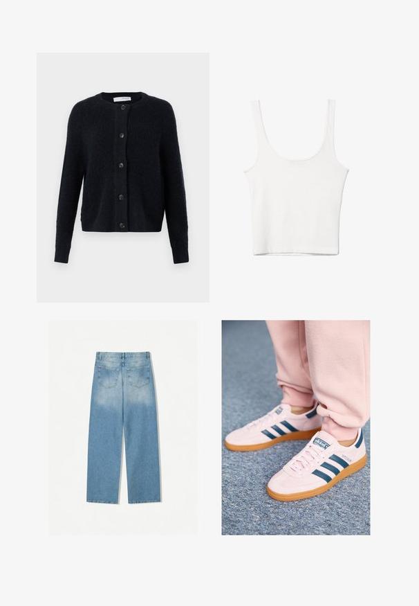 Tumman laivaston sininen neuletakki, joka on valmistettu texturoistusta neuloksesta. Siinä on pyöreä kaula-aukko, pitkät hihat ja kuusi vastaavaa nappia edessä.; Valkoinen puuvillainen hihaton toppi, jossa on pyöristetty pääntie, ei hihoja ja vartalonmyötäinen muoto. Sileä pinta, yksinkertainen muotoilu ja vähäiset ompeluyksityiskohdat.; Vaaleansiniset denimfarkut, joissa on suora lahje, kahdella takataskulla ja haalistunut pinta yläosissa.; Vaaleanpunaiset mokka-tossut, joissa on tummansiniset nahkaviitat ja kumipohja. Ominaisuuksiin kuuluvat litteät nauhat sekä brändäys sivuilla ja kielessä.