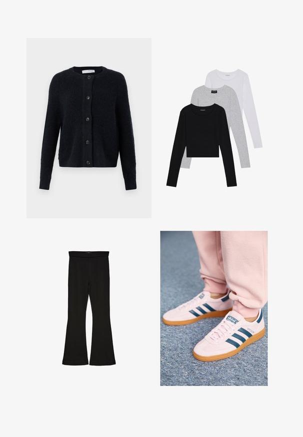 Tumši jūraszilo kardigānu izgatavots no tekstūras adījuma auduma, ar apaļu kakla izgriezumu, garām piedurknēm un sešiem saskaņotiem pogām priekšpusē.; Trīs garām piedurknēm veidotas augšdaļas, sakrautās: melna, pelēka un balta. Katram ir noapaļots kakla izgriezums un īsa dizaina forma ar gludu, vieglu audumu.; Melnas flared leggings, kas izgatavotas no stiepjama auduma. Iezīmējas ar platu jostasvietu un gludu tekstūru, ar pieguļošu siluetu, kas paplašinās pie apakšmalas.; Gaišā rozā zamšādas sporta apavi ar tumši zilu ādas svītru un gumijas zoli. Iespējas ietver plakano šņorēšanu un zīmolu sānos un mēlītē.