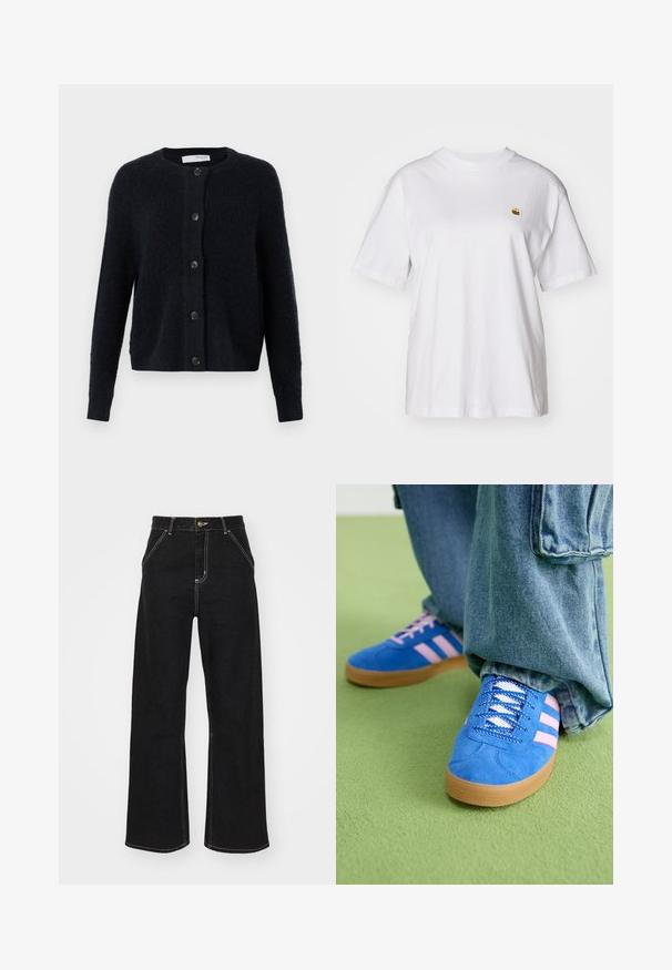 Tmavě námořnický kardigan z texturované pleteniny, s kulatým výstřihem, dlouhými rukávy a šesti odpovídajícími knoflíky vpředu.; Bílý bavlněný tričko s volným střihem, krátkými rukávy a malým vyšívaným logem na levé části hrudi.; Černé široké džínsy vyrobené z denimu, s kontrastním bílým prošitím a předním zapínáním na knoflík, se dvěma šikmými předními kapsami.; Modré semišové boty s růžovými pruhy a bílými tkaničkami, vybavené gumovou podrážkou, spárované s volnými džínovými kalhotami na zeleném povrchu.