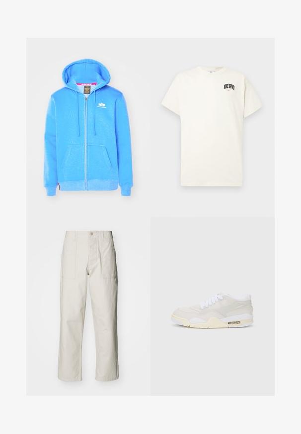 Modra zip-rokavica iz mehkega blaga, ki ima sprednjo žep, kapuco z vrvico in belo logo na prsih.; Kremasta bombažna majica s kratkimi rokavi, z natisnjenim napisom "NIKE SB" v črni in rdeči barvi na prsih. Standardni okrogli izrez.; Svetlo bež široke hlače iz bombaža. Imajo sprednje žepe in gumbasto zapiranje. Gladka tekstura z subtilnimi navpičnimi črtami.; Tenisice z lahkim bež sintetičnim zgornjim delom, belimi vezalkami in vidnim oblazinjenjem. Imajo gladek podplat in diskretne stranske okraske.