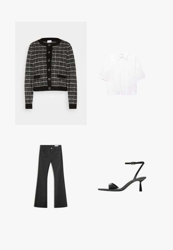 VILA VIAUDREY CHECK - Cardigan - black/white; Cămașă albă cu mâneci scurte, din bumbac, cu un guler clasic, închidere frontală cu butoane și o croială lejeră. Textură netedă, fără modele.; Blugi negri evazați din denim cu o textură netedă, având două buzunare la spate și închidere cu buton la talie.; Bershka Sandale cu toc - black