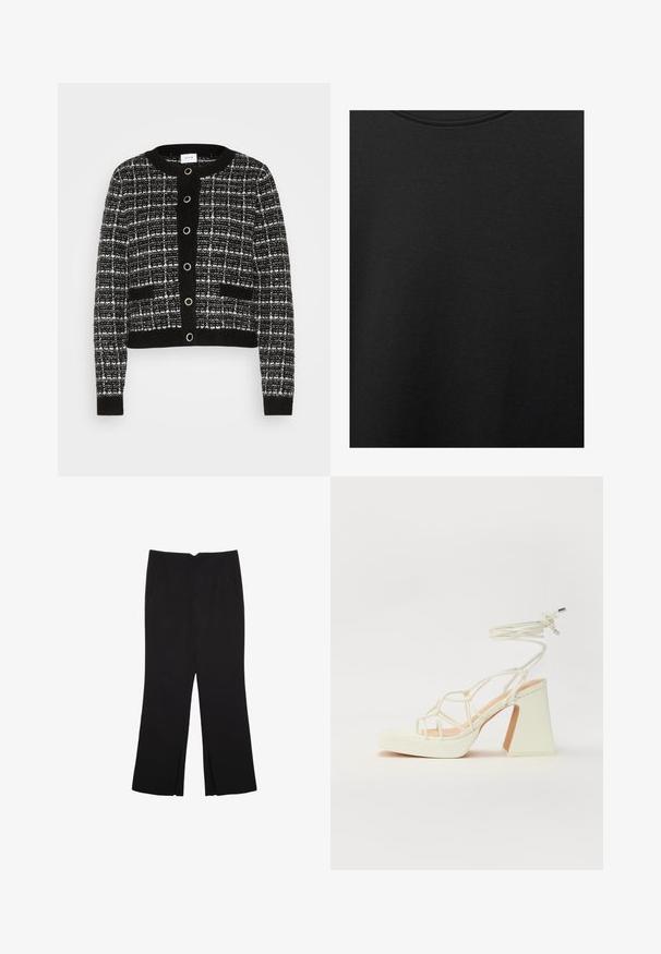 VILA VIAUDREY CHECK - Neuletakki - black/white; Musta puuvillakangas, jossa on sileä pinta ja pyöreä pääntie, ominaisuutena hienovarainen ja tasainen rakennekuvio. Ei näkyviä logoja tai korostuksia.; Mustat housut suoralinjaisella leikkauksella, joissa on etutaskut ja sivurei'ät helman alla. Valmistettu pehmeästä ja sileästä kankaasta. Sopii eri tilaisuuksiin.; Valkoinen korkokenkä, jossa on paksu korko, ja joka sisältää nauhakiinnityksen ja nilkkaketjun. Sujuva pinta, jossa on platform-etupohja lisäkorkeutta varten.