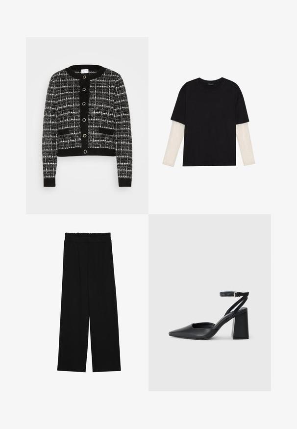 VILA VIAUDREY CHECK - Cardigan - black/white; T-shirt nera in cotone con maniche corte sopra un sotto manica lunga bianca, caratterizzata da una sottile texture. Design con scollo rotondo.; Pantaloni neri a gamba larga con cintura arricciata, dotati di due tasche laterali e un tessuto liscio e leggero. Nessun motivo visibile o parti metalliche.; Pump in pelle nera con punta affusolata, cinturino alla caviglia e tacco spesso. Texture piatta, design elegante ed estetica minimalista.
