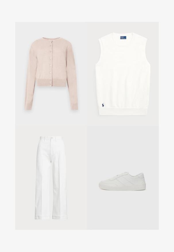 Cardigan corto color rosa claro con botones, mangas largas y puños y dobladillo acanalados, mostrado sobre un fondo blanco.; Suéter blanco sin mangas hecho de algodón suave, con un dobladillo acanalado y un pequeño logo azul marino en la parte inferior izquierda. Diseño simple, sin patrones.; Pantalones de pierna ancha blancos con cintura alta, que cuentan con un cierre de botón y detalles de costura sutiles. Elaborados en algodón con una textura suave.; Zapatilla blanca de cuero con cordones planos, puntera redondeada y detalles de costura sutiles. Presenta una suela texturizada y un logotipo de la marca en relieve en el talón.