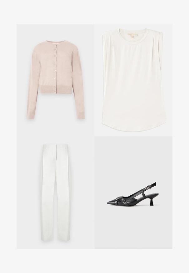 Light pink cropped button-up cardigan with long sleeves and ribbed cuffs and hem, displayed on a white background.; White sleeveless top made of smooth fabric, featuring a round neck and subtle pleats on the shoulders, with a curved hemline.; Paul Smith Trousers - white; Black leather slingback shoe with a pointed toe, decorative straps featuring metal eyelets, and a low block heel. Textured surface.
