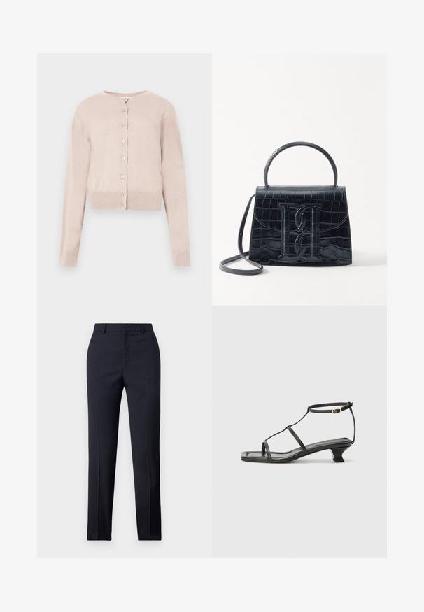 Cardigan roz deschis scurt cu nasturi, mâneci lungi și margini cu dantelă, prezentat pe un fundal alb.; Tricou cu mânecă lungă de culoare navy, fabricat din bumbac moale. Are guler rotund, o croială slim fit și tiv regulat fără modele sau accente vizibile.; Pantaloni tailor-made de culoare bleumarin cu o croială dreaptă, având o textură netedă, două buzunare frontale și o talie curată.; Sandelă din piele neagră cu vârf pătrat, curele subțiri, curea ajustabilă la gleznă și toc mic. Prezintă un mic accent auriu pe curea.; Geantă din piele cu model de crocodil negru, cu un design structurat, mână superioară, curea ajustabilă și un detaliu proeminent cu logo pe față.
