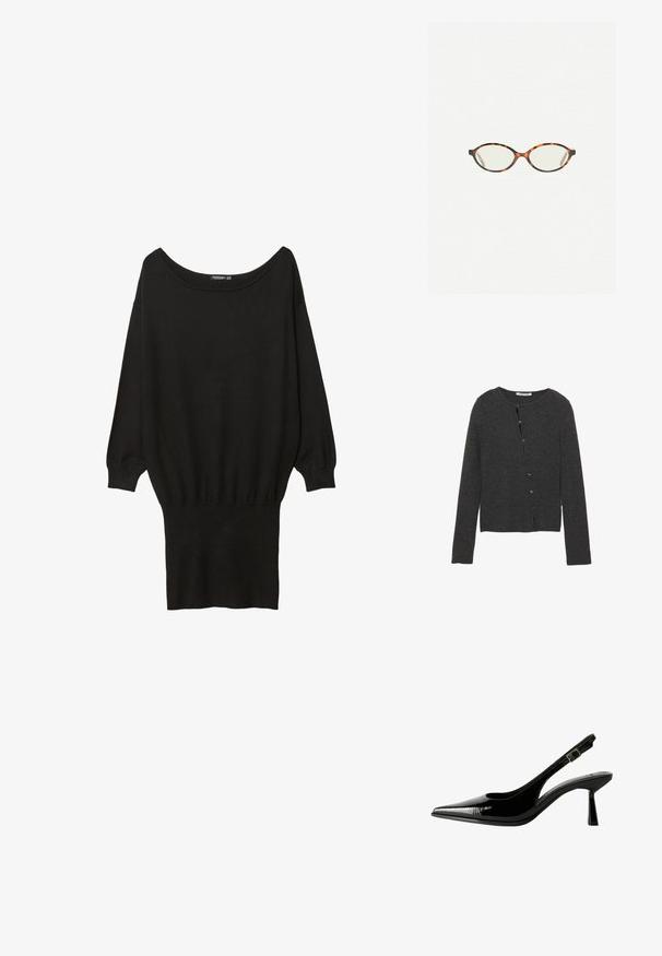 Cardigan gris foncé en tissu tricoté doux, doté d'un col rond, de manches longues et d'une fermeture à boutons à l'avant avec huit boutons.; Pull noir oversize avec un large décolleté bateau, des manches longues, des poignets côtelés et un bas ajusté, fabriqué à partir d'un tissu doux et texturé.; Racine à talon en cuir verni noir avec un nez pointu, des côtés découpés, une bride de cheville ajustable et un talon fin et élégant.; Lunettes en écaille de tortue avec des verres ovales et une finition lisse et élégante. Présente des branches fines avec une courbure subtile au niveau des tempes. Verres transparents.; Sac à épaule en cuir rouge avec un design courbé, texture lisse et fermeture éclair. Il dispose d'une fine anse pour le porter.