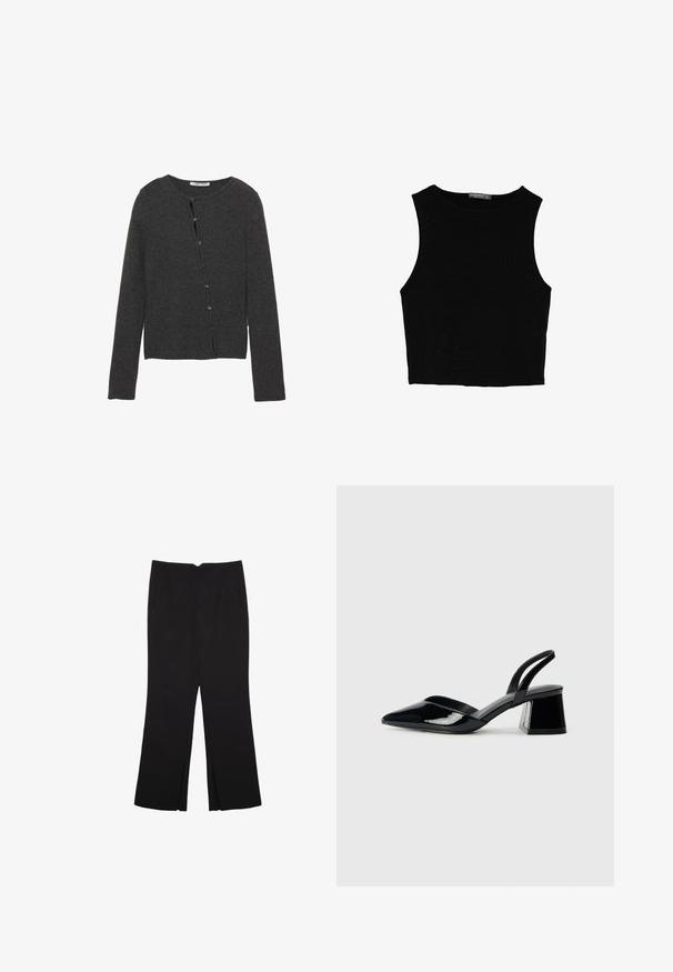 Tummanharmaa neuletakki, joka on valmistettu pehmeästä neulekankaasta. Takissa on pyöreä kaula-aukko, pitkät hihat ja nappisuljenta, jossa on kahdeksan nappia.; Musta hihaton crop-top, joka on valmistettu sileästä kankaasta, jossa on pyöreä kaula-aukko ja siisti, yksinkertainen muotoilu ilman kuvioita tai varusteita.; Mustat housut suoralinjaisella leikkauksella, joissa on etutaskut ja sivurei'ät helman alla. Valmistettu pehmeästä ja sileästä kankaasta. Sopii eri tilaisuuksiin.; Mustat patentoitu nahkakengät, joissa on säären takaosa ja terävä kärki, sekä geometrinen palikkakorko. Sisältää tyylikkään, minimalistisen muotoilun ja sileän pinnan.