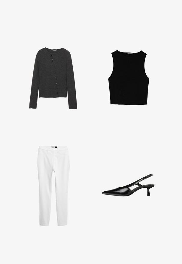 Donkergrijze cardigan van zacht gebreid materiaal, met een ronde halslijn, lange mouwen en een knoopsluiting aan de voorkant met acht knopen.; Zwarte mouwloze crop top van soepel materiaal, met een ronde hals en een schone, eenvoudige uitstraling zonder patronen of hardware.; Witte jersey leggings met een gladde textuur, slim fit en traditioneel vijf-pocketdesign. Ze zijn vervaardigd van lichtgewicht stof met subtiele stikseldetails.; Zwarte gepatineerde leren slingback hakken met een puntige neus, uitsparing aan de zijkant en een kleine vierkante hak. Gladde textuur met minimale accenten.