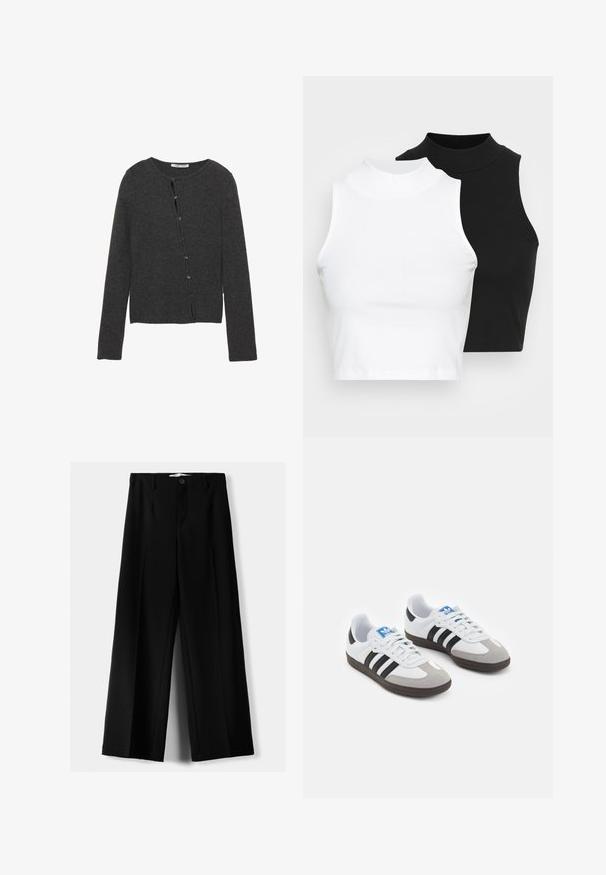 Tmavošedý cardigan vyrobený z mäkkej pleteniny, s okrúhlym výstrihom, dlhými rukávmi a uzatváraním na gombíky s ôsmimi gombíkmi.; Dve bezrukávové rebrované roláky v čiernej a bielej farbe, pričom majú priliehavý strih a hladkú textúru, s krátkou dĺžkou.; Čierne široké nohavice z ľahkého materiálu, s predným zapínaním na gombík a plochým predným dielom, s pekne ušitými lemami.; Športové topánky s bielym koženým zvrškom, šedou semišovou špičkou a tromi čiernymi pruhmi. Obsahujú modré logo na jazyku a štruktúrovanú gumovú podrážku.
