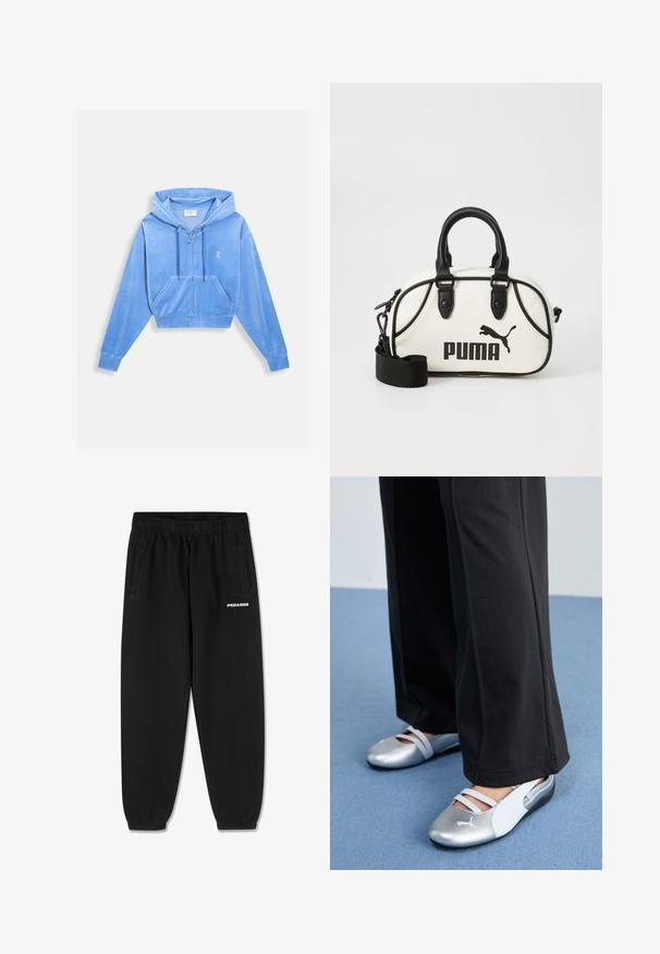 Rövidített kék velúr kapucnis pulóver elülső cipzárral, húzózsinóros kapucnival és két elülső zsebbel. A bal mellrészen egy kicsi logó található.; Szürke pamut póló rövid ujjakkal, kerek nyakkivágással és egy kis fehér "PEGADOR" logóval az elején. Simább textúra, laza szabás.; Fekete sportnadrág, puha anyagból készült, húzózsinóros derékrésszel, keskenyített lábakkal és oldalzsebekkel. Az elején fehér "PEGADOR" logó található.; Ezüst és fehér lapos cipők keresztpántokkal és textúrált részletekkel, lazán fekete nadrágokkal párosítva. Kék padlóra állítva.; Fehér kézitáska fekete kiegészítőkkel, Puma logóval. Rövid, kerek fogantyúk és levehető pánt, texturált szintetikus anyagból készült.