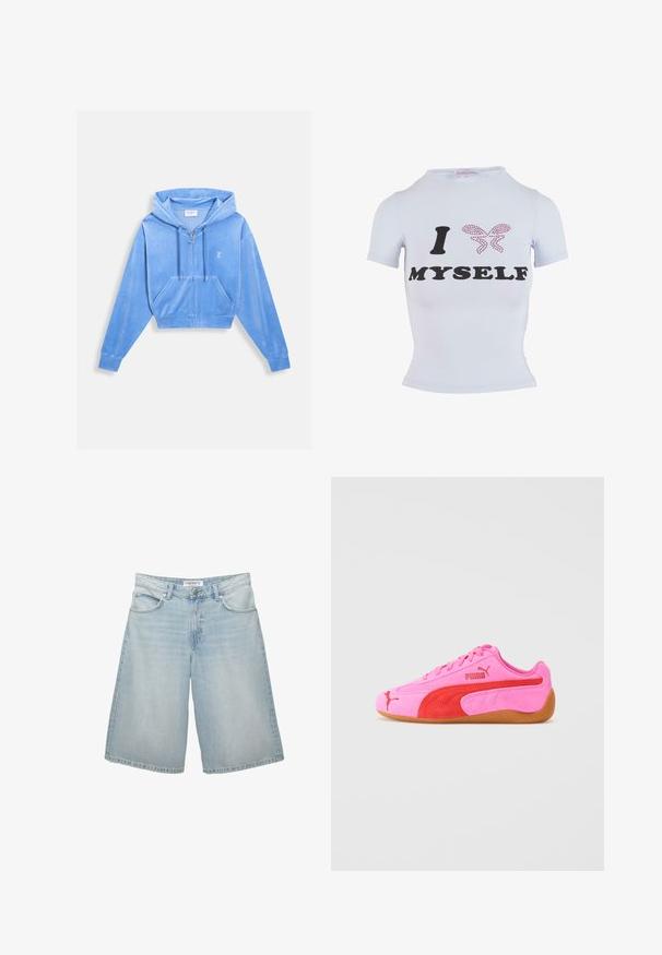 Felpa blu in velluto tagliata, con zip frontale, cappuccio regolabile e due tasche anteriori. Presenta un piccolo logo sul lato sinistro del petto.; T-shirt bianca a maniche corte con testo nero "I" e "MYSELF" e un design di farfalla rosa realizzato con strass. Silhouette aderente.; Shorts in denim blu chiaro con un design a gamba larga, dotati di cinque tasche, passanti per cintura e chiusura con zip. Texture liscia con leggera scoloritura.; Scarpa sportiva in suede rosa con dettagli rossi, suola in gomma e un logo distintivo. Presenta una punta rotonda e una chiusura con lacci.