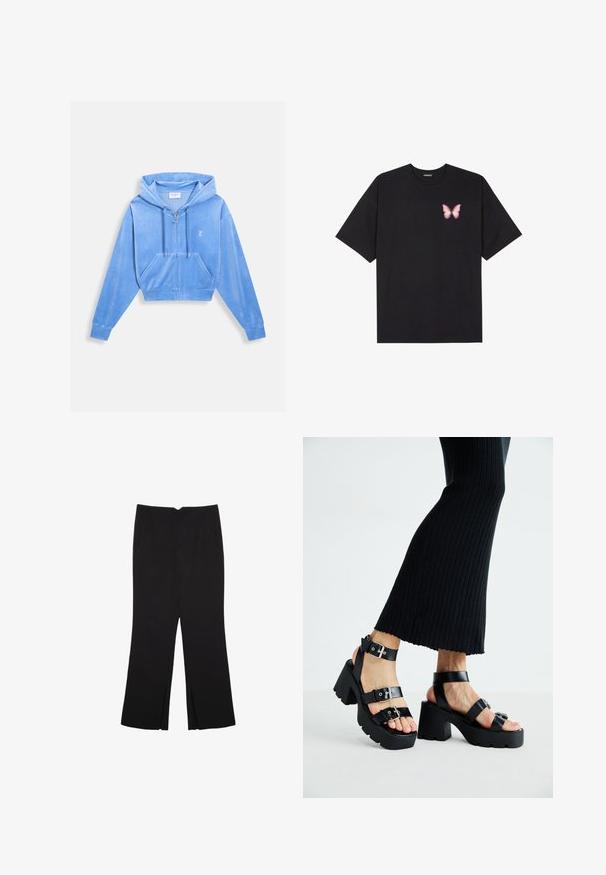 Krátka modrá velúrová mikina s predným zipsom, kapucňou na šnúrku a dvoma prednými vreckami. Obsahuje malé logo na ľavom prsníku.; Čierne bavlnené tričko s krátkymi rukávmi, s malým ružovým motýlikom na ľavej hrudi. Design s okrúhlym výstrihom a uvoľneným strihom.; Čierne nohavice so strihom rovného strihu, s prednými vreckami a bočnými rozparkami na leme. Vyrobené z mäkkej, hladkej tkaniny. Vhodné na rôzne príležitosti.; Čierne platformové sandále s robustnými, zúbkovanými podrážkami a viacerými popruhmi, s kovovými prackami a hladkým textúrou pripomínajúcou kožu.