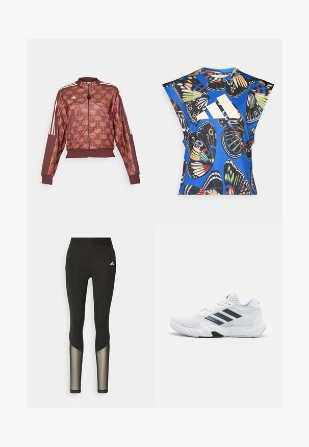adidas Sportswear ADIDAS FARM RIO TIRO TRACK - Majica s kapuljačom i patentnim zatvaračem - hazy copper/fox red/mystery brown; Plava košulja kratkih rukava s vibrantnim uzorkom leptira u raznim bojama, s velikim bijelim logom sprijeda i okruglim izrezom.; Crne atletske tajice s visokim strukom, sa mrežastim detaljima na donjim nogavicama i izvezenim logotipom na kuku.; Bijela atletska cipela s mrežastim gornjim dijelom, tri crne pruge sa strane, strukturirani detalji i čvrst gumeni potplat s kontrastnim crnim dijelom.