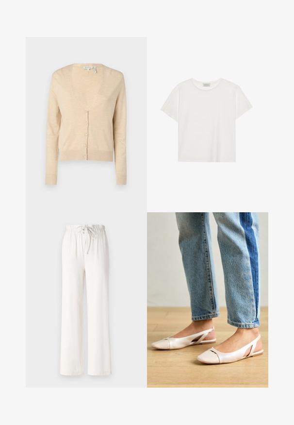 Beige cardigan made from a soft knit fabric. Features a deep V-neck, long sleeves, and six button closures at the front.; White short-sleeve T-shirt made of soft cotton. Features a round neckline and relaxed fit. Clean design with no visible patterns or accents.; White wide-leg pants made of soft fabric, featuring a drawstring waist and smooth texture. No patterns or embellishments visible.; Pale pink slingback flats with a pointed toe, made from a smooth leather-like material. Features cut-out details at the sides and a flat heel.