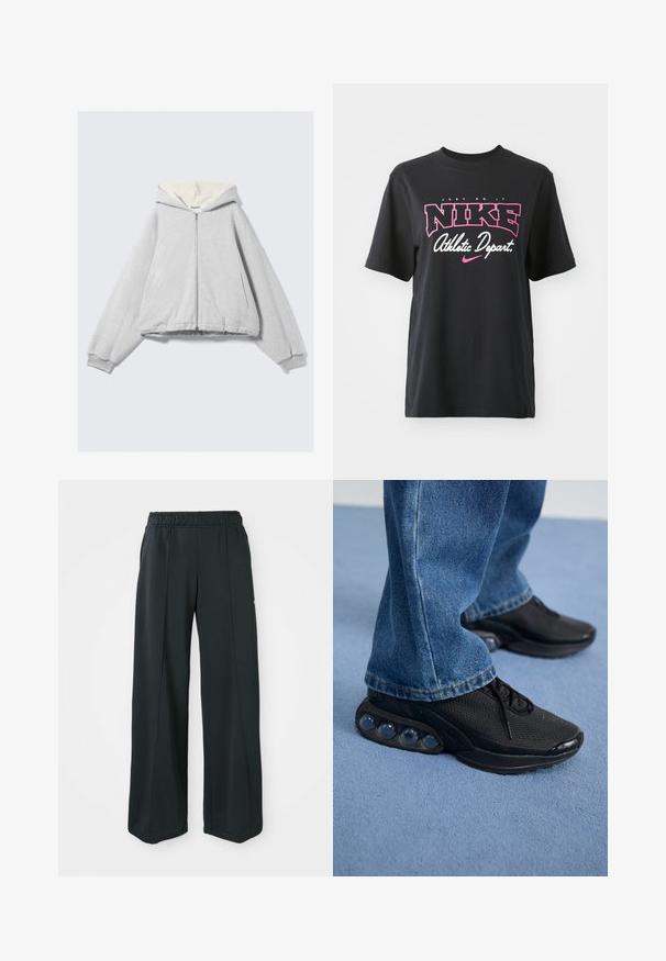 Grijze hoodie met rits, voorzien van een zachte creme kleurige fleece voering, oversized pasvorm, geribbelde boorden en een capuchon met trekkoord. Inclusief zijzakken.; Zwarte katoenen T-shirt met een grafische print in roze en wit met de tekst "JUST DO IT," "NIKE," en "Athletic Depart." Standaard pasvorm.; Zwarte, wijde sportbroek met een elastische tailleband. Gemaakt van gladde, rekbare stof, met subtiele voornaden en zonder zakken.; Zwarte sportieve sneakers met een bovenwerk van mesh, gestructureerde accenten en zichtbare luchtkussentjes in de zool. Gedragen met blauwe denim jeans.