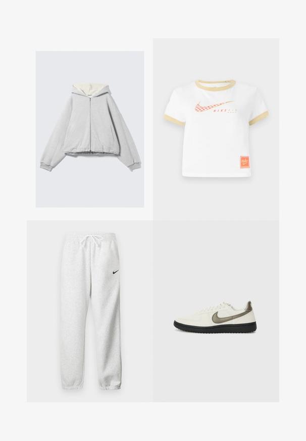 Sivá mikina na zips s jemnou krémovou fleece podšívkou, voľný oversize strih, rebrované manžety a kapucňa so šnúrkou. Súčasťou sú bočné vrecká.; Biele tričko s zlatým lemovaním, s červeným károvaným logom Nike swoosh, textom "NIKE AIR" a malou oranžovou nášivkou Nike na leme.; Sivé tepláky vyrobené z jemnej látky, s elastickým pásom na šnúrku a malým čiernym logom Nike na ľavom stehne.; Nike Sportswear FIELD GENERAL - Tenisky - off-white/black