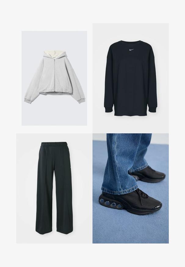 Felpa con cappuccio grigia con zip, fodera interna in morbido pile crema, vestibilità oversize, polsini a costine e cappuccio con coulisse. Tasche laterali incluse.; T-shirt nero a maniche lunghe in cotone con colletto rotondo. Presenta un logo Nike bianco sul petto. Texture morbida, design semplice.; Pantaloni sportivi neri a gamba larga con una vita elastica. Realizzati in un tessuto morbido ed elasticizzato, presentano cuciture frontali sottili e nessuna tasca.; Scarpe da ginnastica nere con tomaia in rete, dettagli testurizzati e pod di ammortizzazione visibili nella suola. Indossate con jeans in denim blu.
