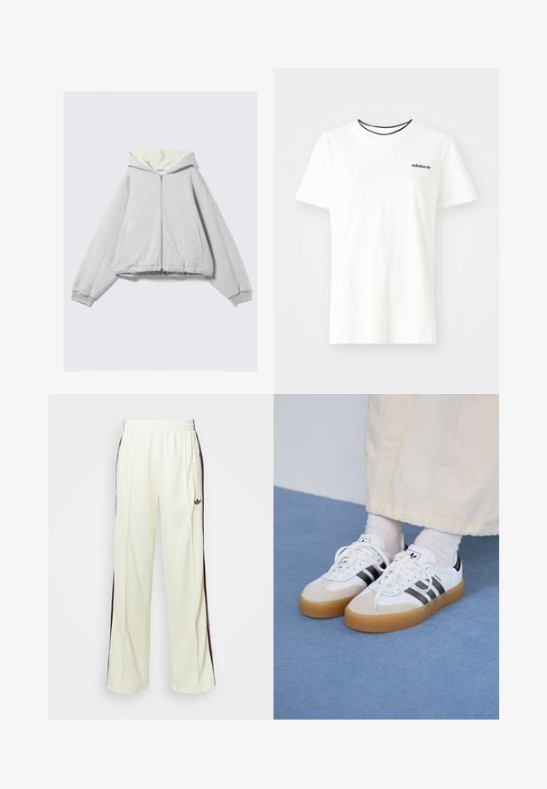 Grijze hoodie met rits, voorzien van een zachte creme kleurige fleece voering, oversized pasvorm, geribbelde boorden en een capuchon met trekkoord. Inclusief zijzakken.; Witte katoenen t-shirt met korte mouwen en een ronde halslijn. Heeft een zwart Adidas-logo op de borst en een contrasterende zwarte binnenkraag.; Crème-kleurige sweatpants met een relaxte pasvorm, voorzien van donkerbruine zijstrepen en een geborduurd logo op de linkerdij.; Witte sneakers met zwarte strepen en beige suède accenten. Voorzien van een gestructureerde gumzool en platte witte veters, gedragen met lichtgekleurde sokken.