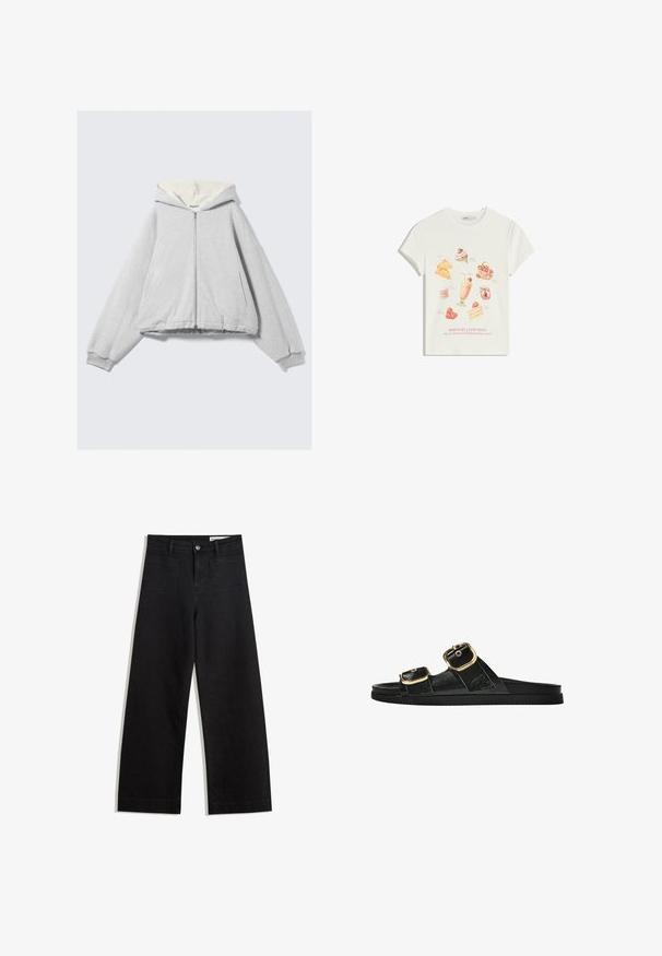 Hanorac gri cu fermoar, căptușit cu blană crem moale, croială oversize, manșete reiate și glugă cu șnur de ajustare. Include buzunare laterale.; Tricou alb din bumbac cu ilustrații colorate de deserturi, inclusiv înghețată și prăjituri, cu textul „SERIOS BUNE TIMPURI” imprimat dedesubt.; Pantaloni din denim negri cu picioare largi, cu talie înaltă, având buzunare frontale și posterioare, cusături dublate și închidere cu nasture. Textură netedă.; Sandalie negre cu toc plat, cu două accente de cataramă aurie, din material texturat neted și design minimalist.