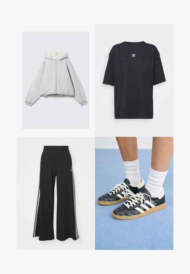 Pilkas megztinis su užtrauktuku priekyje, minkšta kremo spalvos vilna viduje, laisvas, su ribiniais rankogaliais ir gobtuvu su raišteliu. Šoninės kišenės.; Juodas medvilnės marškinėliai trumpomis rankovėmis, apvaliu iškirpimu, su baltu Adidas logo ant krūtinės. Paprastas dizainas, laisvas kirpimas.; Juodos plačios kojų džinsinės kelnės su elastingu juosmeniu, turinčios baltas šonines juosteles ir išsiuvinėtą logotipą kairiajame šlaunyje.; Juodos odinės sportbačiai su baltais dryžiais, apvalia nosimi, baltais raišteliais ir guminiu padu. Pabrėžti paminkštinta apykakle ir prekių ženklų detalėmis.