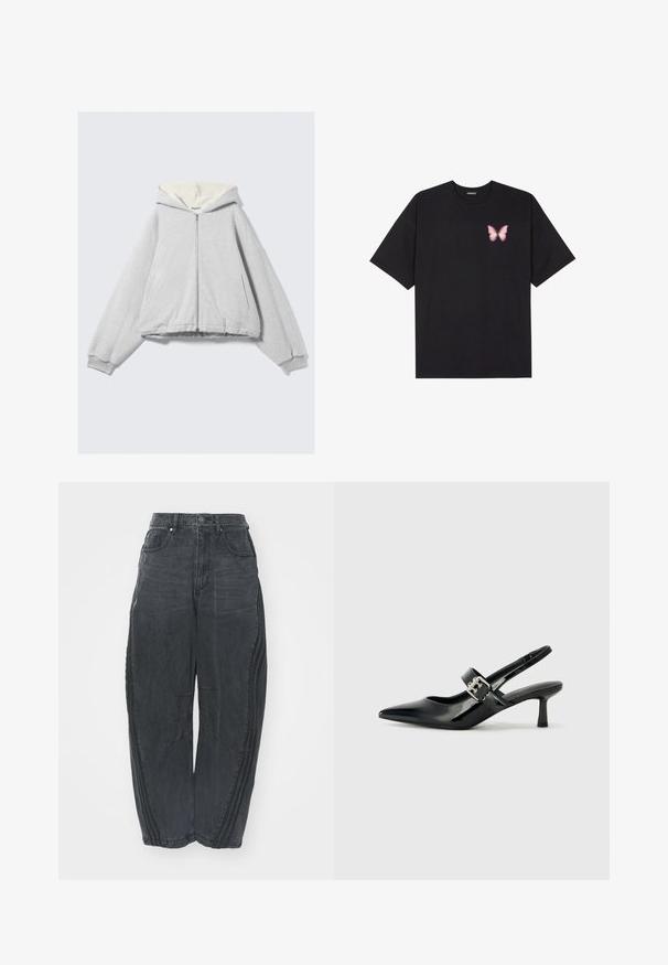 Siva dukserica s patentnim zatvaračem i mekanim kremastim flis podstavom, širokog kroja, s rebrastim manžetnama i kapuljačom s vezicama. Uključeni su bočni džepovi.; Crna pamučna majica s kratkim rukavima, s malim grafičkim prikazom ružičaste vjetricaste s desne strane na prsima. Dizajn s okruglim izrezom i opuštenim krojem.; Prostrane crne traperice od denima s izblijedjelim završetkom, pet džepova, kopčanje na gumbu u struku i prošivene detalje sprijeda i sa strane.; Crne lakirane slingback potpetice s oštrim prstom i malom blok petom, s naglaskom na srebrnoj kopči na remenu.