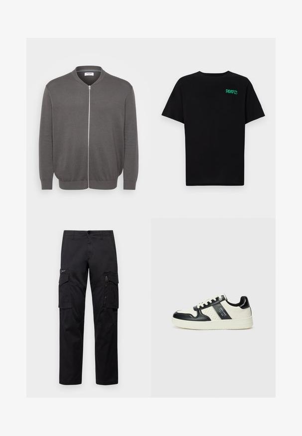 Pilkas užtrauktukas su apvalia iškirpte, raukšlėta tekstūra ir prisitaikančiais rankogaliais. Su sidabriniu užtrauktuku ir paprastu, švariu dizainu.; Juodas medvilninis marškinėliai trumpomis rankovėmis. Priekyje yra žalias „ROOTS“ logotipas, apvalus iškirpimas ir standartinė prigludimo forma.; Juodos krovinių kelnės, turinčios kelis kišenes, užtrauktuku uždaromą kišenę ant šlaunies, tiesaus kirpimo ir tvirtos medvilnės audinys su nežymiu blizgesiu.; Odiniai sportbačiai juodos ir kreminės spalvų schemoje, su perforuotais akcentais, paminkštinta apykakle ir tekstūruotu padu.