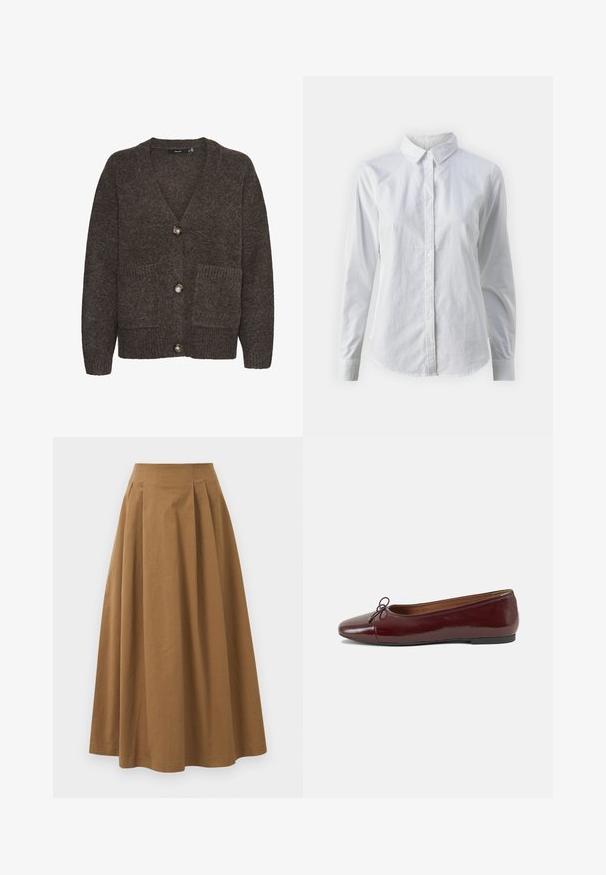 Cardigan din lână maro, cu decolteu în V, trei butoane, două buzunare frontale și accente ribborate la tiv și buzunare.; Cămașă albă cu nasturi, confecționată din bumbac neted, având un guler clasic, mâneci lungi și un tiv curbat. Nasturii sunt mici și albi.; Fustă A-line din bumbac maro, cu talie înaltă, având pliseuri pe față și o textură netedă. Marginile sunt finisate curat și simplu.; Balerini din piele patent burgund cu vârful rotund, accent de fundiță mică în față și talpă joasă din cauciuc negru. Textură netedă.