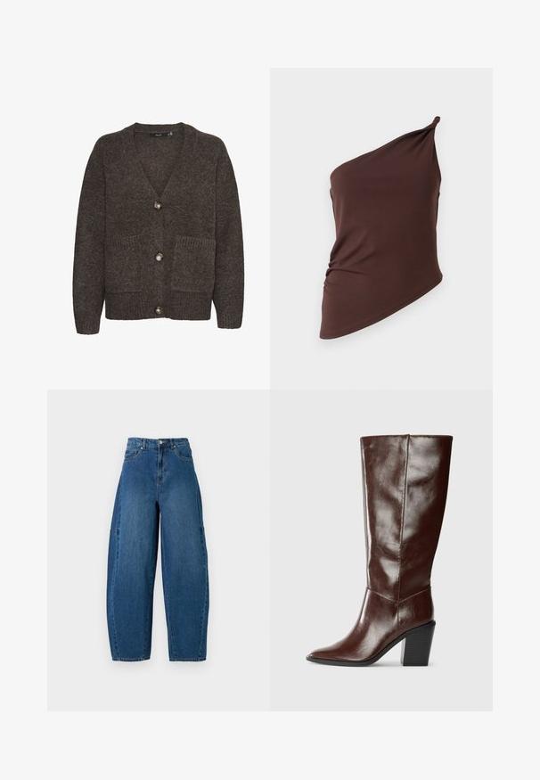 Brūns vilnas kardigans ar V-veida kaklu, trim pogām, divām priekšējām kabatām un ribotām apdare apmalē un kabatās.; Asimetrisks brūns tops, kas izgatavots no gludas auduma, ar vienu plecu dizainu, r gathered detalizāciju sānos un pieguļošu siluetu.; Denim bikses vidējā zilā krāsā ar augstu jostasvietu, platām kājām un standarta piecu kabatu dizainu ar redzamām šuvju detaļām.; Augsta, tumši brūna ādas zābaks ar izstieptu pirkstu un sakrautu bloku papēdi, attēlota no sāna uz vienkārša fona.